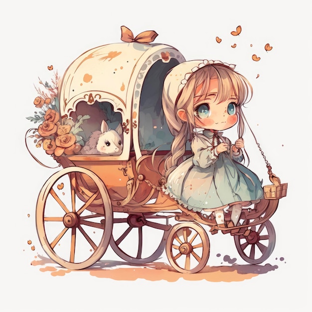 A cartoon drawing of a girl riding in a carriage with a rabbit on the top.