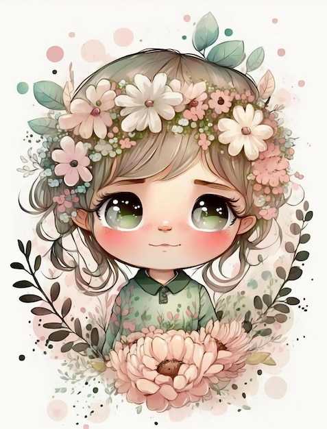 A cartoon drawing of a girl with flowers on her head