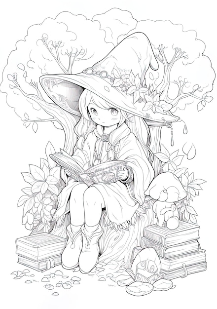 Foto un disegno di un cartone animato di una ragazza con un cappello e un libro chiamato strega.