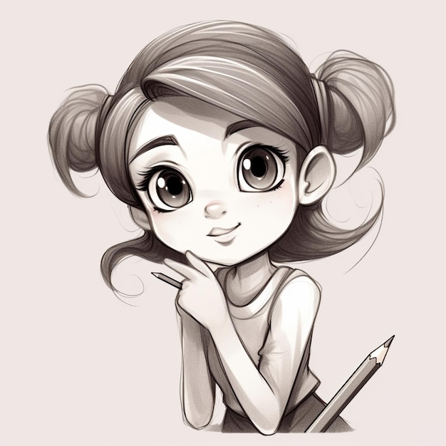 A cartoon drawing of a girl with a pencil.