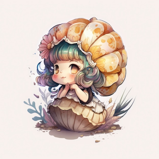 A cartoon drawing of a girl with a shell on her head.