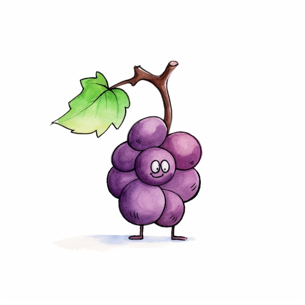 Photo cartoon drawing of a grape with a leaf on it generative ai