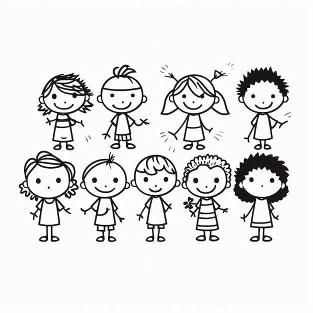 Photo cartoon drawing of a group of children holding hands generative ai