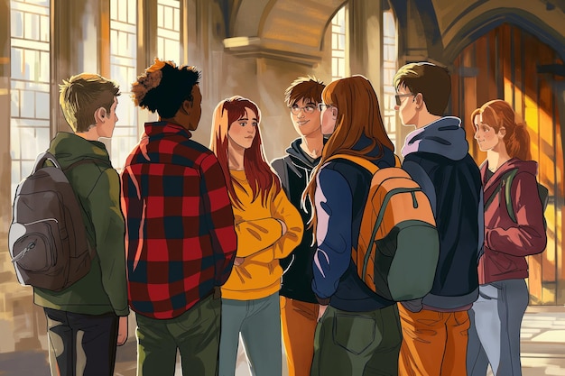 a cartoon drawing of a group of people with backpacks