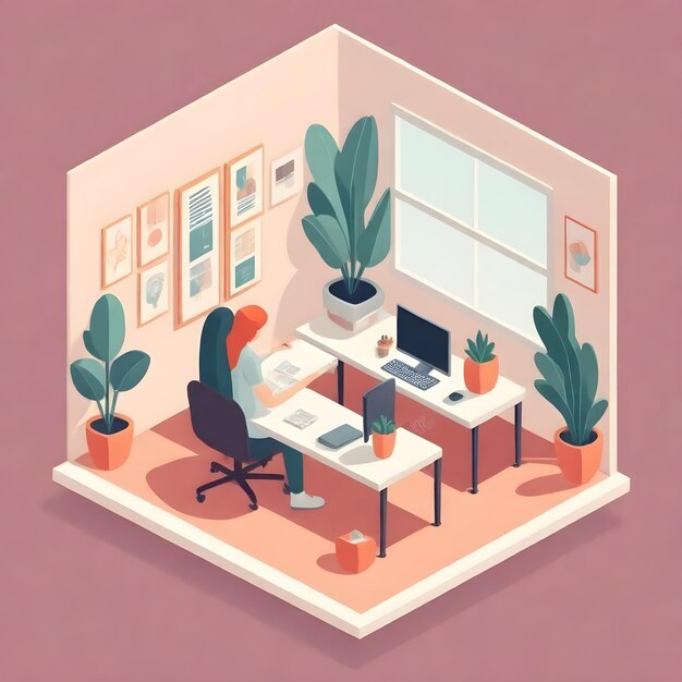 Photo a cartoon drawing of a home office with a plant and a laptop