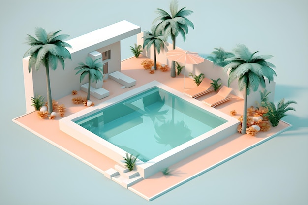 A cartoon drawing of a house and a pool.