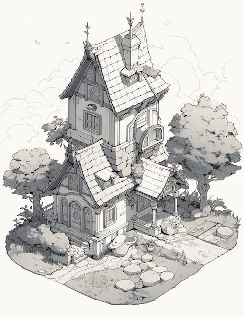 a cartoon drawing of a house with a garden and a tree generative ai