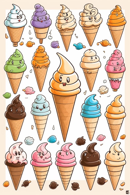 Foto un disegno animato di coni gelato con gusti diversi.