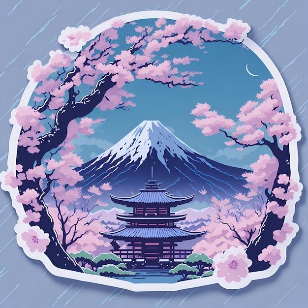 A cartoon drawing of a japanese pagoda with a mountain in the background.