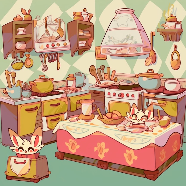 a cartoon drawing of a kitchen with a cat on the table.