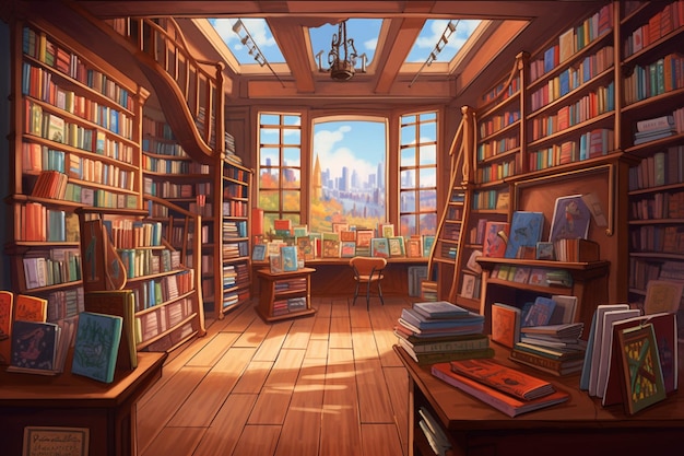 A cartoon drawing of a library with a skylight and a book shelf.