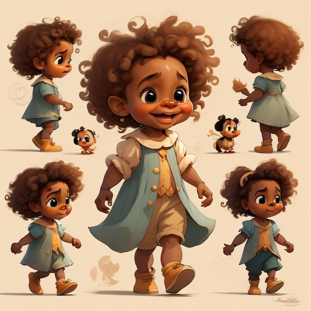 A cartoon drawing of a little girl with curly hair and a blue dress.