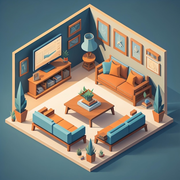 A cartoon drawing of a living room with a couch and a coffee table.