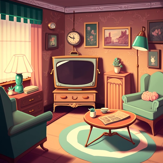 A cartoon drawing of a living room with a television and a clock on the wall.