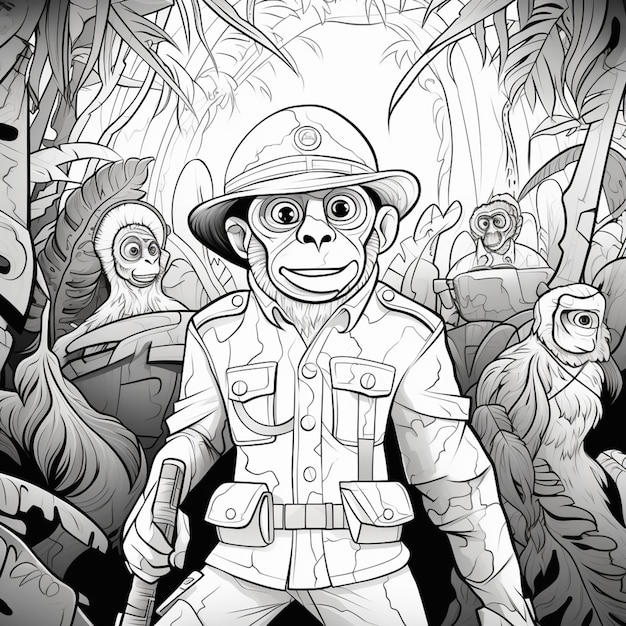 a cartoon drawing of a man in a jungle with many monkeys generative ai