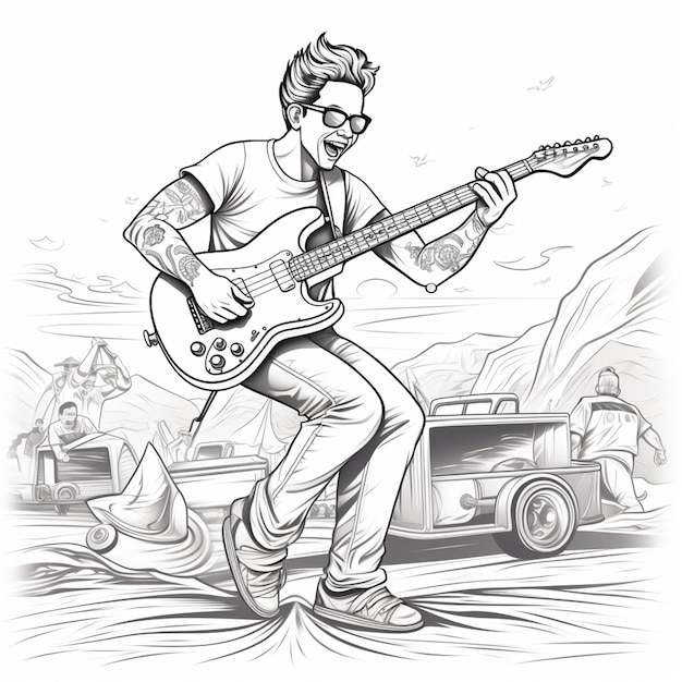 a cartoon drawing of a man playing a guitar in front of a truck generative ai