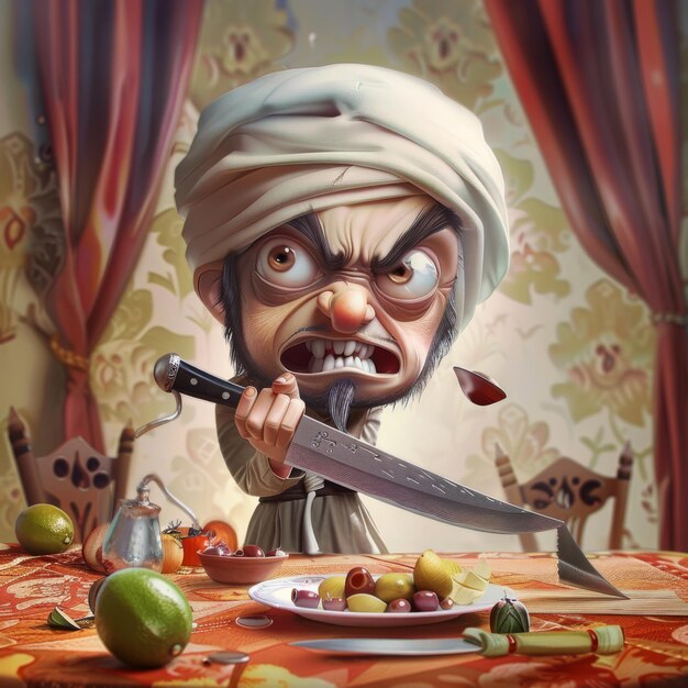 Photo a cartoon drawing of a man with a knife and a plate of fruit on it