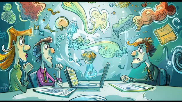 a cartoon drawing of a man and a woman working on a laptop