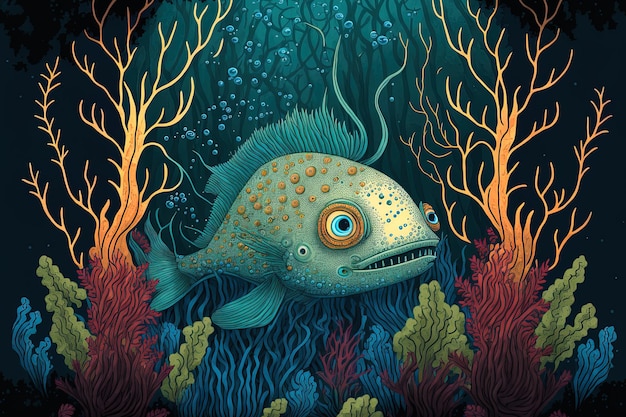 Cartoon drawing of a marine creature under an ocean and vegetation