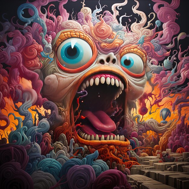 a cartoon drawing of a monster with a mouth full of colorful and colorful smoke