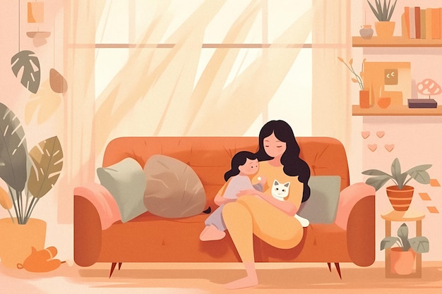 A cartoon drawing of a mother and daughter sitting on a couch with a cat on the shelf behind her.