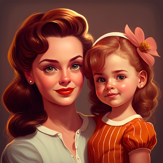 A cartoon drawing of a mother and daughter