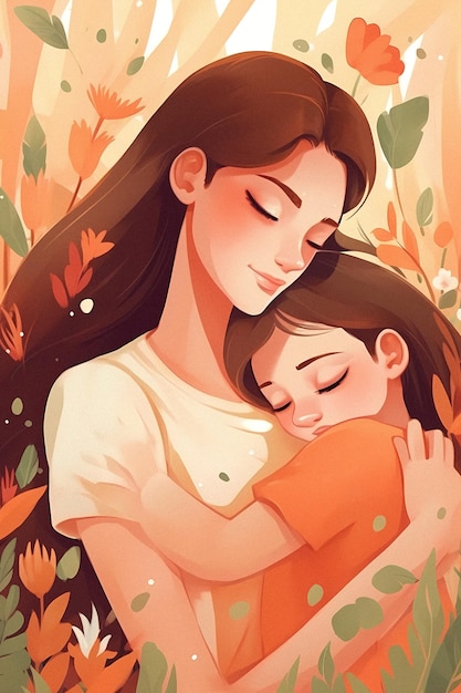 娘を抱きしめる母親の漫画の絵。