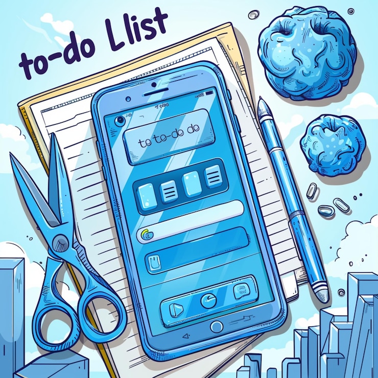 Photo a cartoon drawing of a phone with a blue background with a city in the background