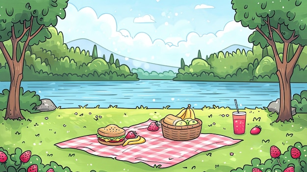 Photo a cartoon drawing of a picnic by a river with food and drink