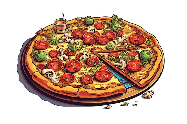 A cartoon drawing of a pizza with a knife on it