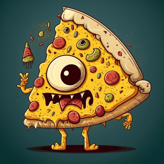 A cartoon drawing of a pizza with a monster eye on it.