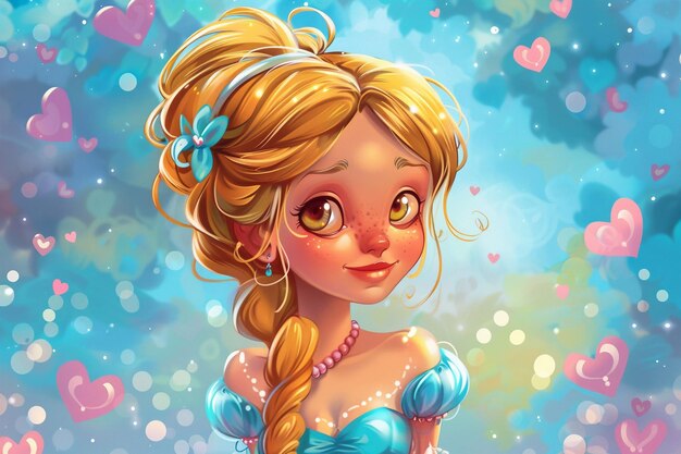 Foto un disegno di cartone animato di una principessa con uno sfondo blu e cuori e un cielo blu