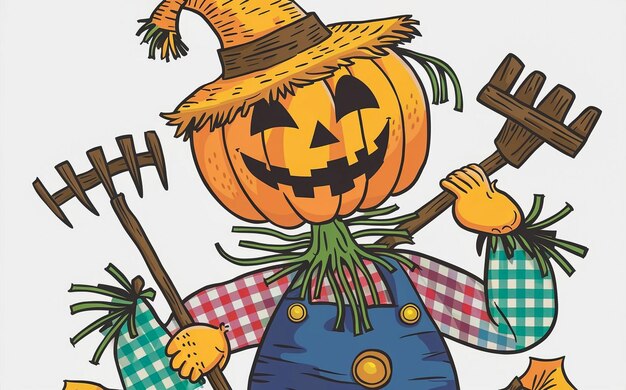 Photo a cartoon drawing of a pumpkin with a scarecrow on it