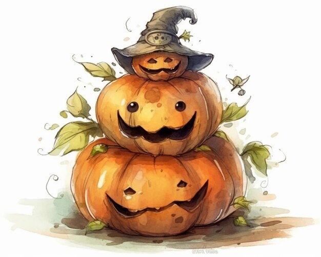 A cartoon drawing of pumpkins with a witch hat on top.