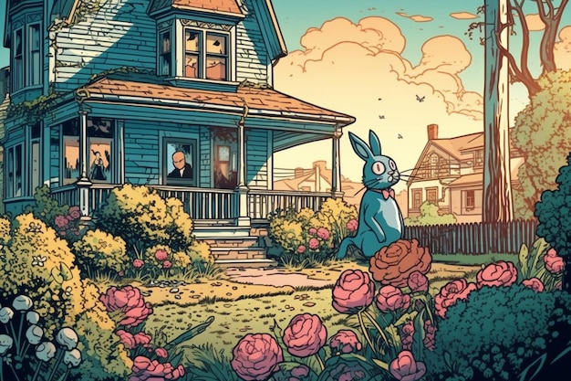 A cartoon drawing of a rabbit in front of a house with a blue house in the background.