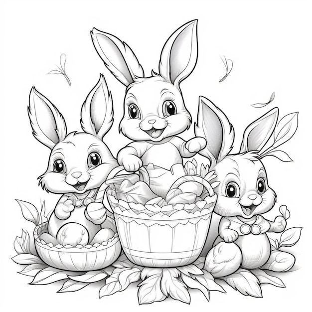 A cartoon drawing of rabbits with eggs in a basket.