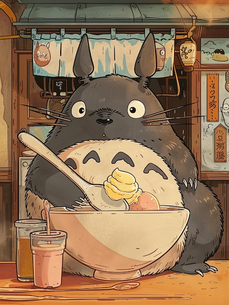 a cartoon drawing of a rat eating a bowl of banana