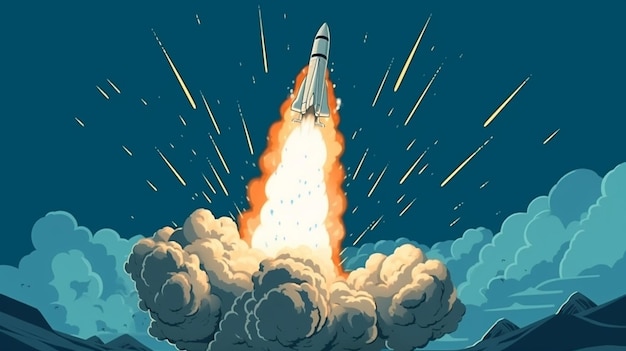 スペースシャトルという文字が描かれたロケットの漫画の絵。