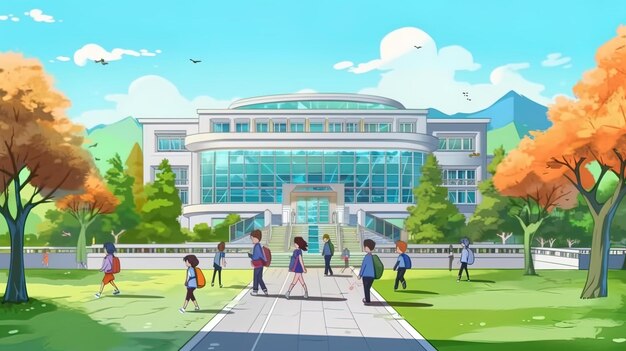 Photo a cartoon drawing of a school with people walking around it