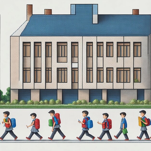 A cartoon drawing of a school with a students walking