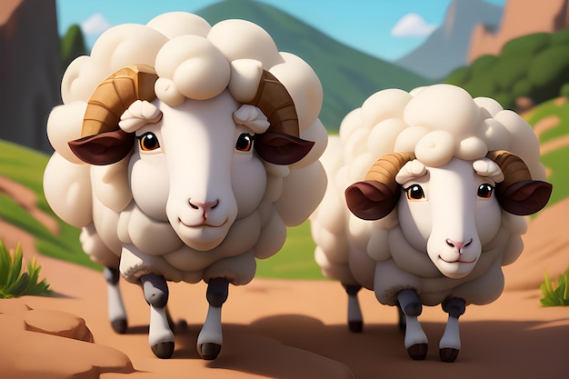 A cartoon drawing of sheep with a mountain in the background.