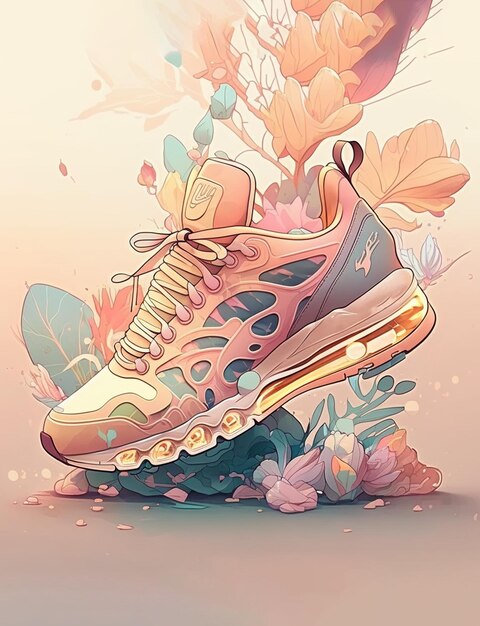 A cartoon drawing of a shoe with a flower background.