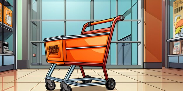 a cartoon drawing of a shopping cart with a picture of a store called quot mallor quot