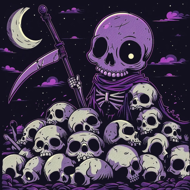 Photo a cartoon drawing of a skeleton with a sword and skulls