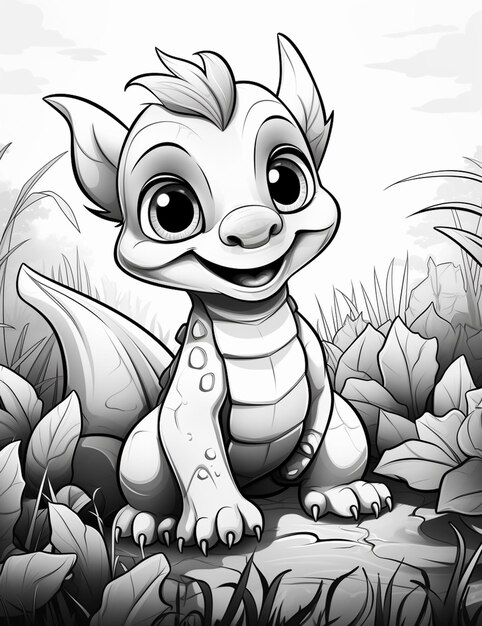 cartoon drawing of a small dragon sitting in the grass generative ai
