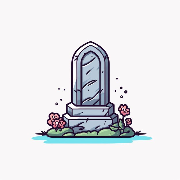 Photo a cartoon drawing of a stone grave with a flower in the grass generative ai