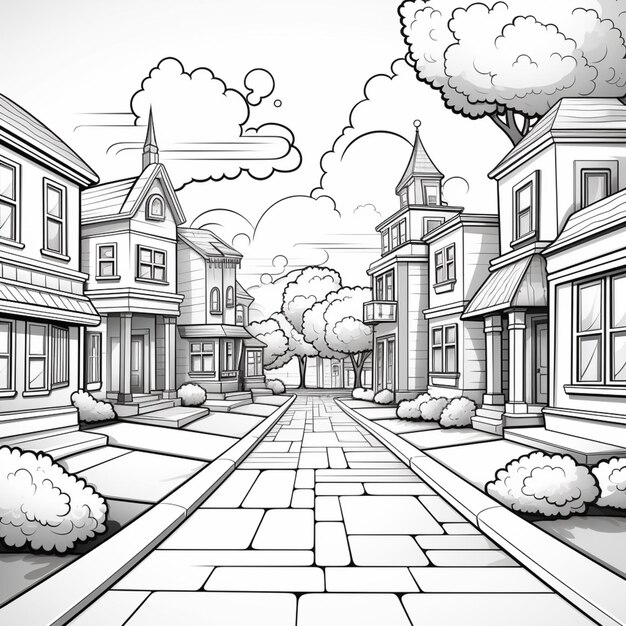 cartoon drawing of a street with houses and trees generative ai