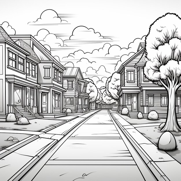 Photo cartoon drawing of a street with a tree and houses generative ai