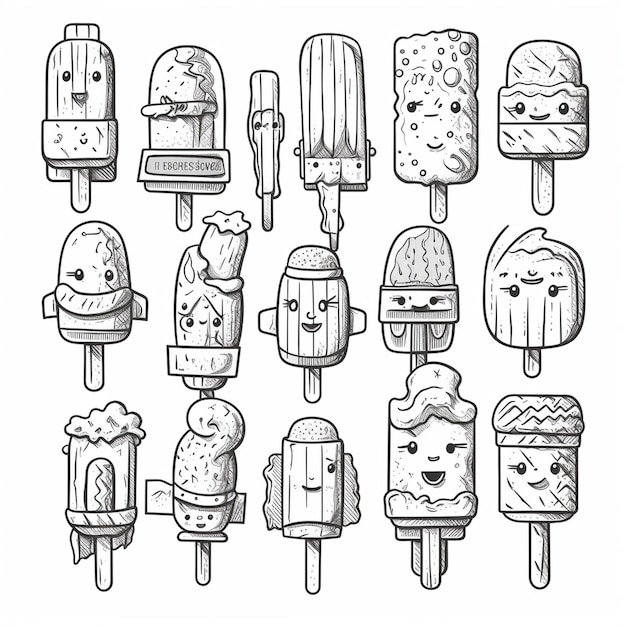 Photo a cartoon drawing style coloring page of popsicles generative ai