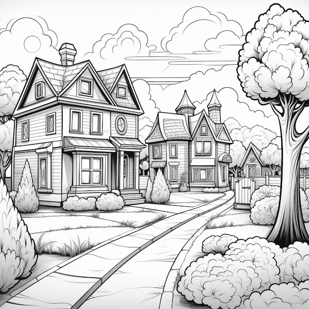 a cartoon drawing of a suburban neighborhood with a tree and bushes generative ai